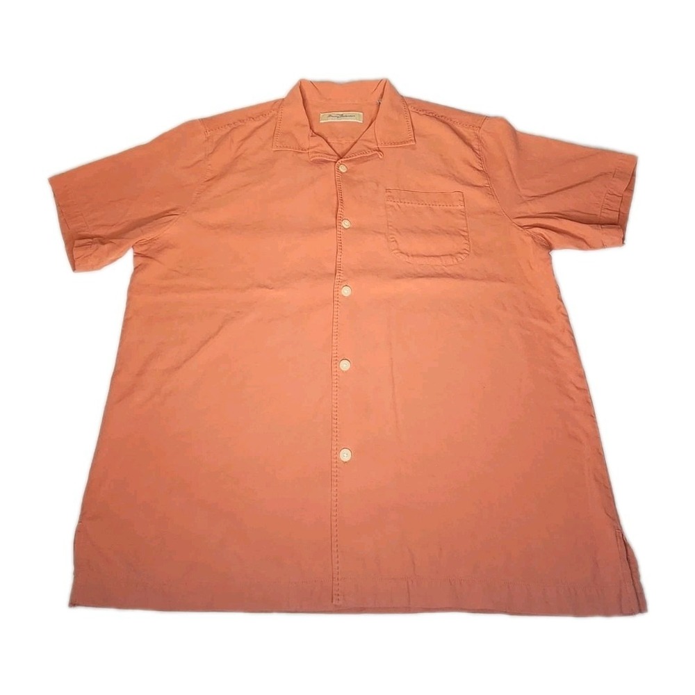 Tommy Bahama 100% Silk Mens Hawaiian Shirt‎ Coral Button Down Casual Size Large